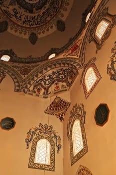 Elaborate ceiling and wall painting, fresco, decoration, pattern, ornament inside the Sinan Pasha Mosque, an ottoman mosque in the old town of Prizren, Kosovo 2022