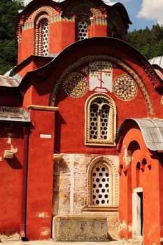 Elaborate facade and entrance door of the Church Complex of the Patriarchate of Pec Monastery, outside of Peja, Kosovo 2022