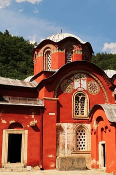 The elaborate facade with two entrance doors and roof, dome, cupola of the Church Complex of the Patriarchate of Pec Monastery, outside of Peja, Kosovo 2022