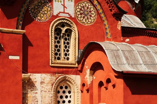 Details and windows on the elaborate facade of the Church Complex of the Patriarchate of Pec Monastery, outside of Peja, Kosovo 2022