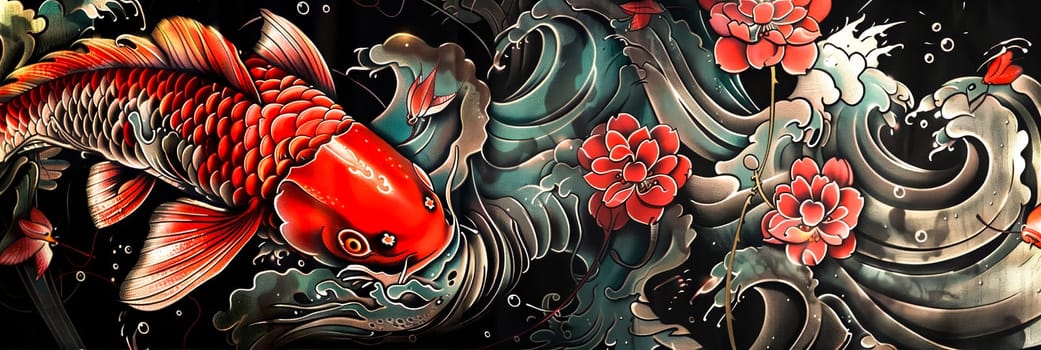 Colorful illustration  koi fish  wave patterns  lotus flowers japanese background