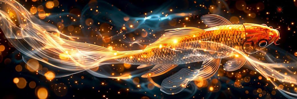 Digital art golden koi fish  luminous trails abstract underwater background