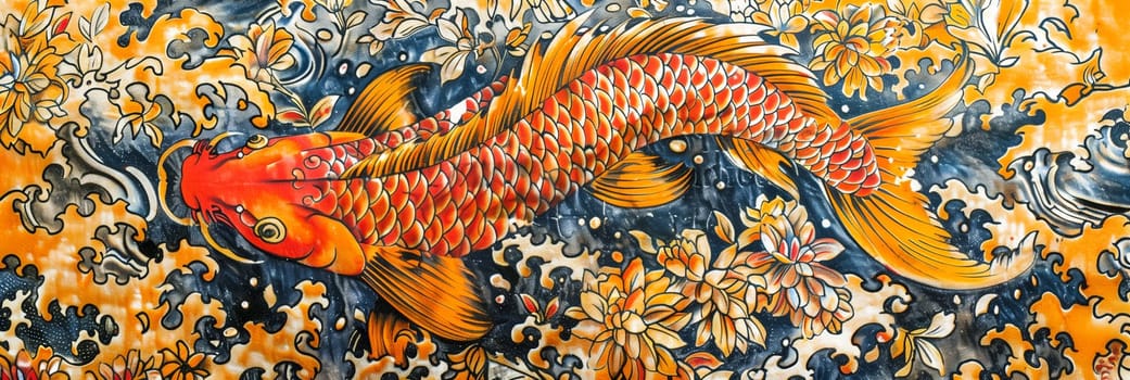 orange koi fish painted wave, japanese traditional background