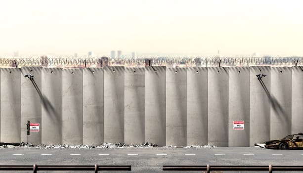 concrete wall  surveillance cameras road,  city skyline security border