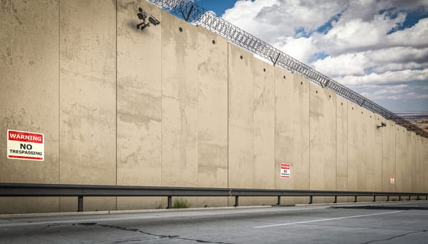 border concrete wall topped  barbed wire  no trespassing warning signs