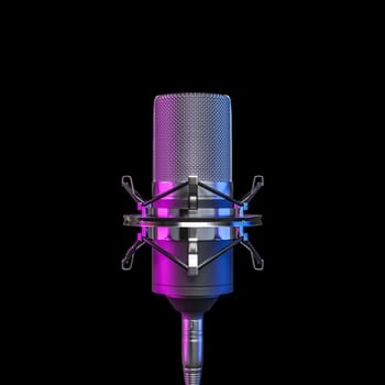 microphone blue, violet light isolated black backdrop, recording broadcasting