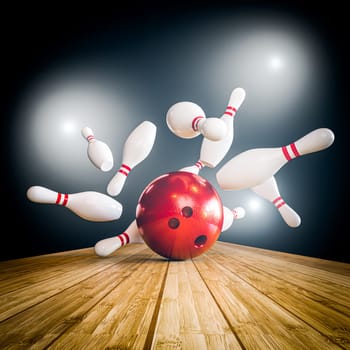 Strike shot red bowling ball hitting pins  wooden floor spot light