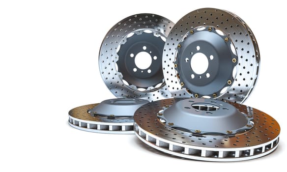 three ventilated car brake discs isolated on white background copyspace