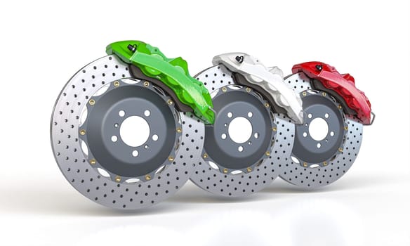 Set  vehicle brake discs with green, white, and red calipers isolated on white