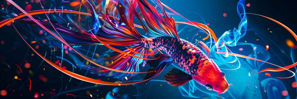 red blue  koi fish  neon light trails  dark aquatic background japanese