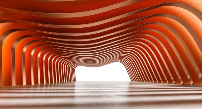 Modern design  orange wavy tunnel leading towards a bright exit