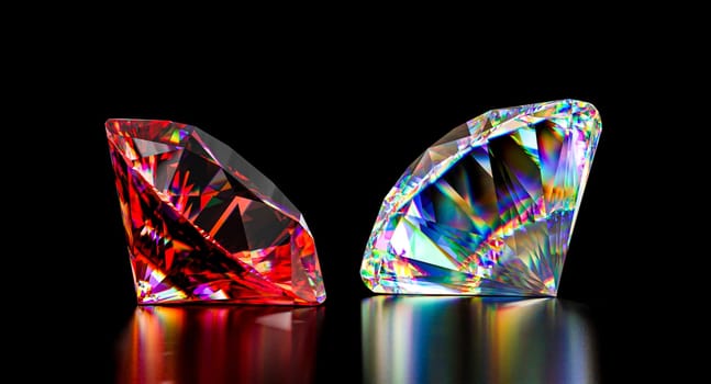 Two sparkling multi-colored diamonds shine  dark backdrop luxury success