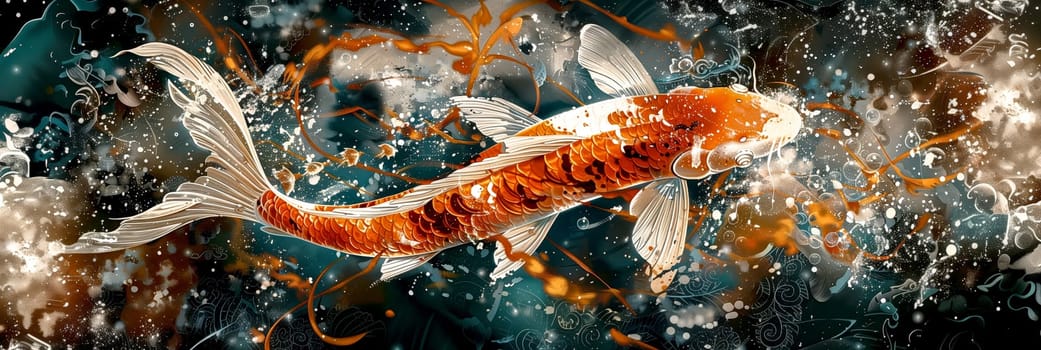 painted koi fish red white swims  abstract, ornamental aquatic environment