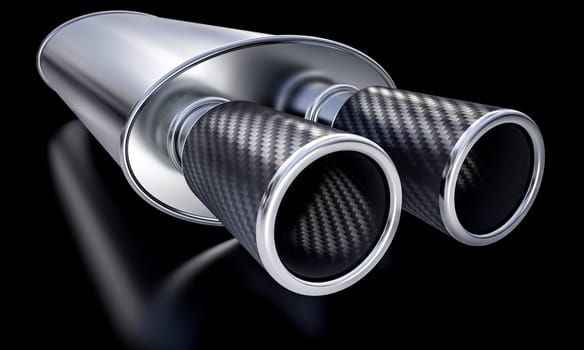 shiny carbon fiber steel car exhaust black background. automotive racing