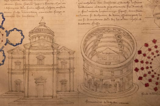 Turin, Italy - 12 December 2023: antique manuscript document with architectural studies by Giorgio Martini, 1486 circa - Royal Library