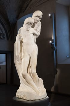 Milano, Italy - 03 January 2024: Rondanini Pietà, 1564, the last unfinished marble sculpture by Michelangelo Buonarroti