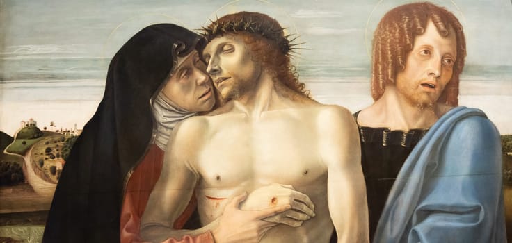 Milan, Italy - 23 September 2023: Brera antique painting museum. The pity, Pietà, by Giovanni Bellini, 1460