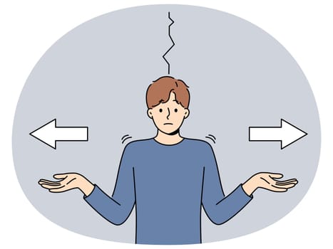 Puzzled man cannot make decision and spreads hands standing next to arrows pointing in different directions. Puzzled guy faces difficult choice and shrugs shoulders to ask for help