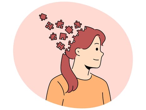 Woman with puzzle head as metaphor for chaos in head and lack of planning to solve tasks. Girl with psychological problems smiles in need of getting rid of chaos in thoughts to achieve mental balance.