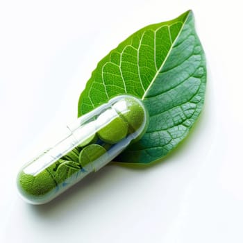 A transparent capsule pill rests on a green leaf against a white background