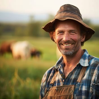 A farmer in overalls and a hat, standing amidst cattle in a serene rural setting
