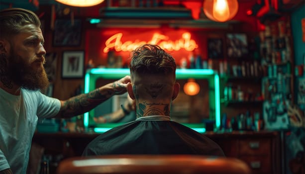 Hipster handsome man sitting in barbershop. master Barber does the hairstyle and styling with dryer, dries hair to guy. Concept Barbershop. many tattooed male Hairstyling