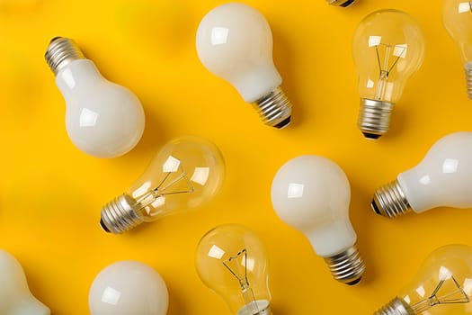 Business creativity and inspiration concepts with lightbulb and pencil on yellow background. motivation for success. think big ideas top view creative