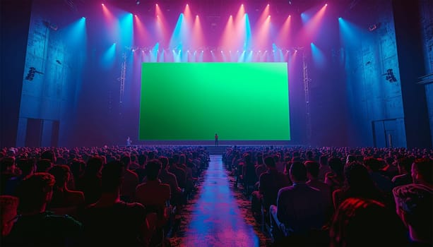Audience in conference room or theater,movie cinema, Behind Her Movie Theater with Green Screen, Mock-up, Chroma Key. CEO Shows Leadership on Business Live Event or Device Reveal Copy space. Back view of crowd watching show copy space