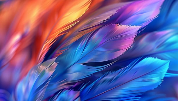 Neon feathers moving smooth. Abstract feather rainbow background. Closeup image fluffy feather under colorful pastel neon. Copy space Beautiful abstract effect