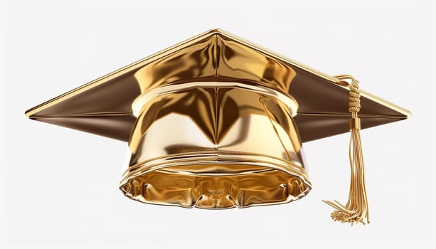 Graduate college, high school or university cap isolated on white background. Gold 3d degree ceremony hat. Golden educational student symbol isolated