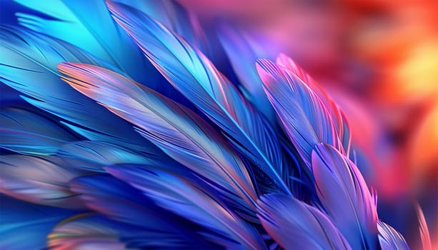Neon feathers moving smooth. Abstract feather rainbow background. Closeup image fluffy feather under colorful pastel neon. Copy space Beautiful abstract effect