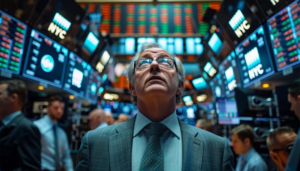 Team of stockbrokers looking at monitor in office with display screens. Analyzing data, graphs and reports for investment purposes. Creative teamwork traders. Successful traders portrait