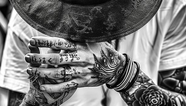 Stylish hipster male with tattoos on body. on his arms and hand. Young man with tattoos on body against black background, closeup Black and white stylish design close up