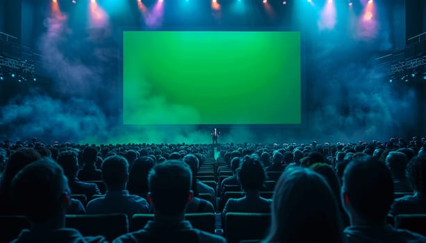 Audience in conference room or theater,movie cinema, Behind Her Movie Theater with Green Screen, Mock-up, Chroma Key. CEO Shows Leadership on Business Live Event or Device Reveal Copy space. Back view of crowd watching show copy space