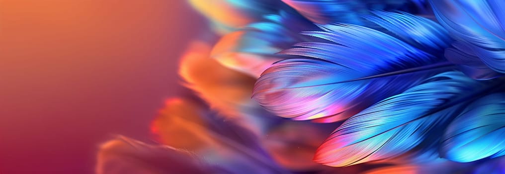 Neon feathers moving smooth. Abstract feather rainbow background. Closeup image fluffy feather under colorful pastel neon. Copy space Beautiful abstract effect