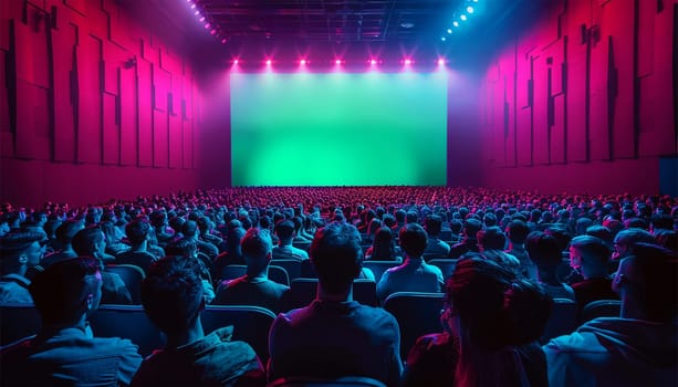 Audience in conference room or theater,movie cinema, Behind Her Movie Theater with Green Screen, Mock-up, Chroma Key. CEO Shows Leadership on Business Live Event or Device Reveal Copy space. Back view of crowd watching show copy space