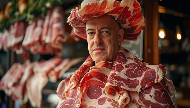 Man wearing meat. Butcher examining meat hanging in industry. Concept for the meat industry. Professional business Butcher portrait