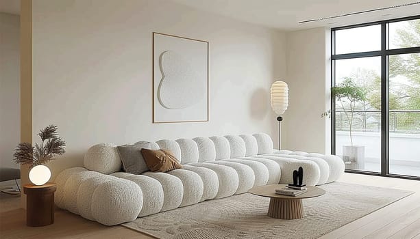 Stylish trendy interior beige colors. interior design spacious bright studio apartment in Scandinavian style and warm pastel white and beige colors. trendy furniture in the living area and modern details in the kitchen area. Modern