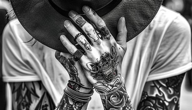 Stylish hipster male with tattoos on body. on his arms and hand. Young man with tattoos on body against black background, closeup Black and white stylish design close up