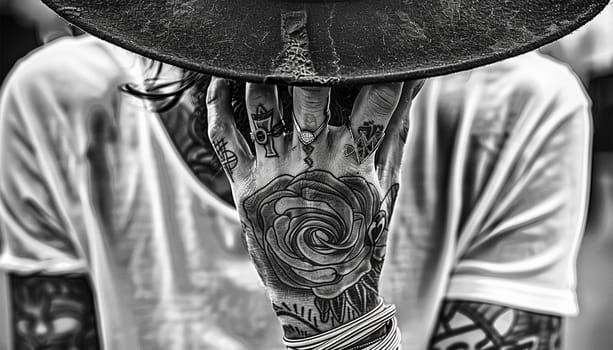 Stylish hipster male with tattoos on body. on his arms and hand. Young man with tattoos on body against black background, closeup Black and white stylish design close up