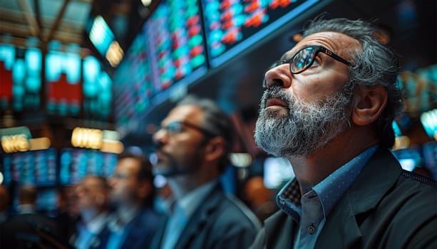 Team of stockbrokers looking at monitor in office with display screens. Analyzing data, graphs and reports for investment purposes. Creative teamwork traders. Successful traders portrait