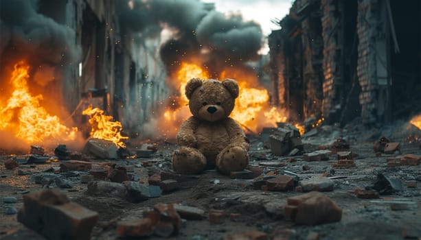 Teddy bear toy destroyed in war, who survived the fire. destructive civilian area during war time, sorrow scenery of war victim, natural disaster, idea for support children's rights. Warzone city on the background.