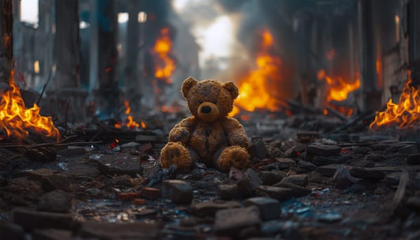 Teddy bear toy destroyed in war, who survived the fire. destructive civilian area during war time, sorrow scenery of war victim, natural disaster, idea for support children's rights. Warzone city on the background.