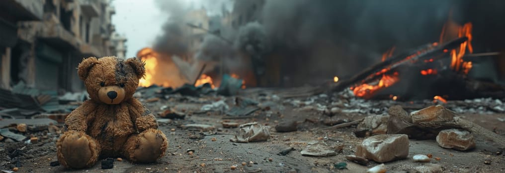 Teddy bear toy destroyed in war, who survived the fire. destructive civilian area during war time, sorrow scenery of war victim, natural disaster, idea for support children's rights. Warzone city on the background.