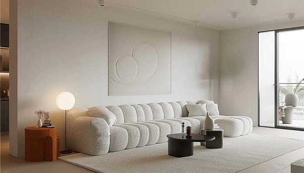Stylish trendy interior beige colors. interior design spacious bright studio apartment in Scandinavian style and warm pastel white and beige colors. trendy furniture in the living area and modern details in the kitchen area. Modern