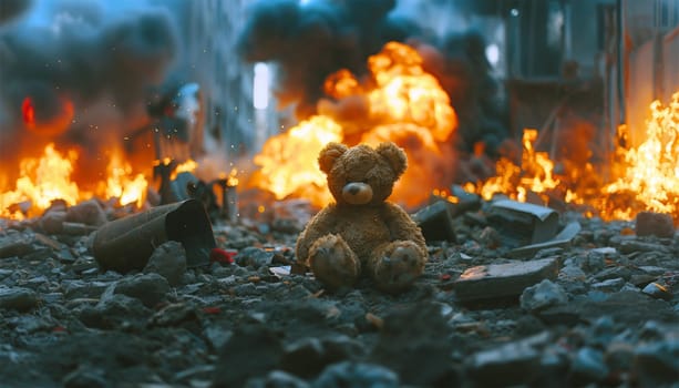 Teddy bear toy destroyed in war, who survived the fire. destructive civilian area during war time, sorrow scenery of war victim, natural disaster, idea for support children's rights. Warzone city on the background.