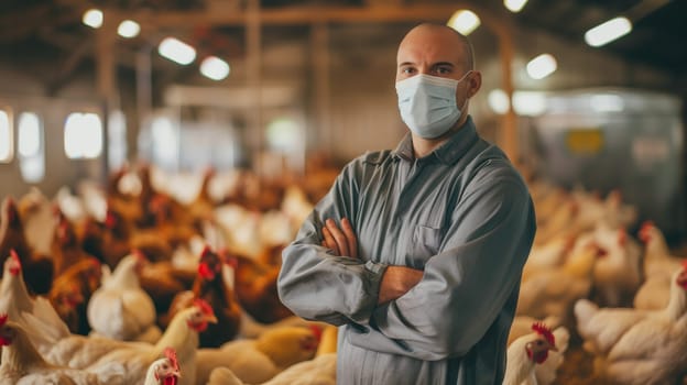 Bird flu virus outbreak, Avian influenza, infectious disease spreading to mammals and humans, sick animals, farmer with chicken