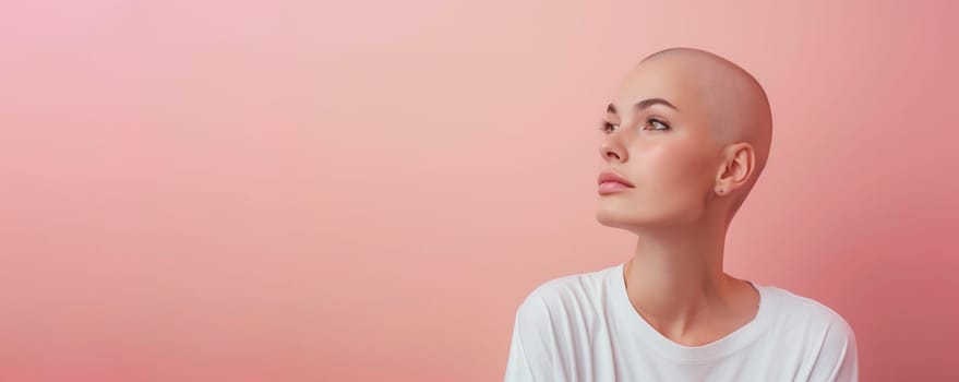 Woman suffers from cancer tumor, portrait of young bald headed patient, pink background