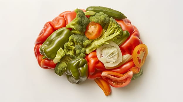 Brain made from vegetables like carrots, broccoli and paprika, healthy food and lifestyle, vegan nourishment