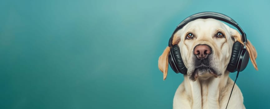 Dog with headphone, listening to sound and acoustic wave, love and emotion, funny animal, blue background, world music day